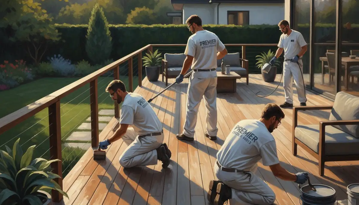 Sarasota, FL deck painters applying protective wood paint to a sun-exposed wooden deck