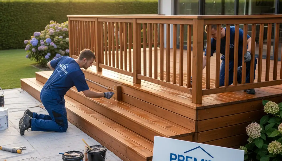 Sarasota, FL deck staining by painters protecting outdoor wood from sun, humidity, and salt air